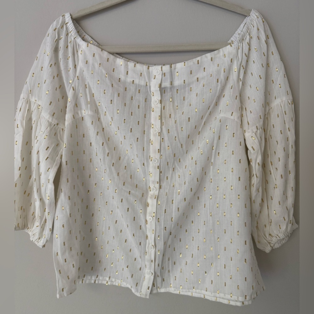 LUCKY BRAND NWT IVORY GOLD METALLIC OFF SHOULDER PEASANT BLOUSE SIZE S BOHO - Picture 6 of 11